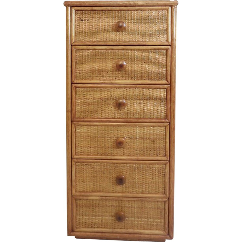 Vintage six-drawer bamboo and wickerwork chest of drawers