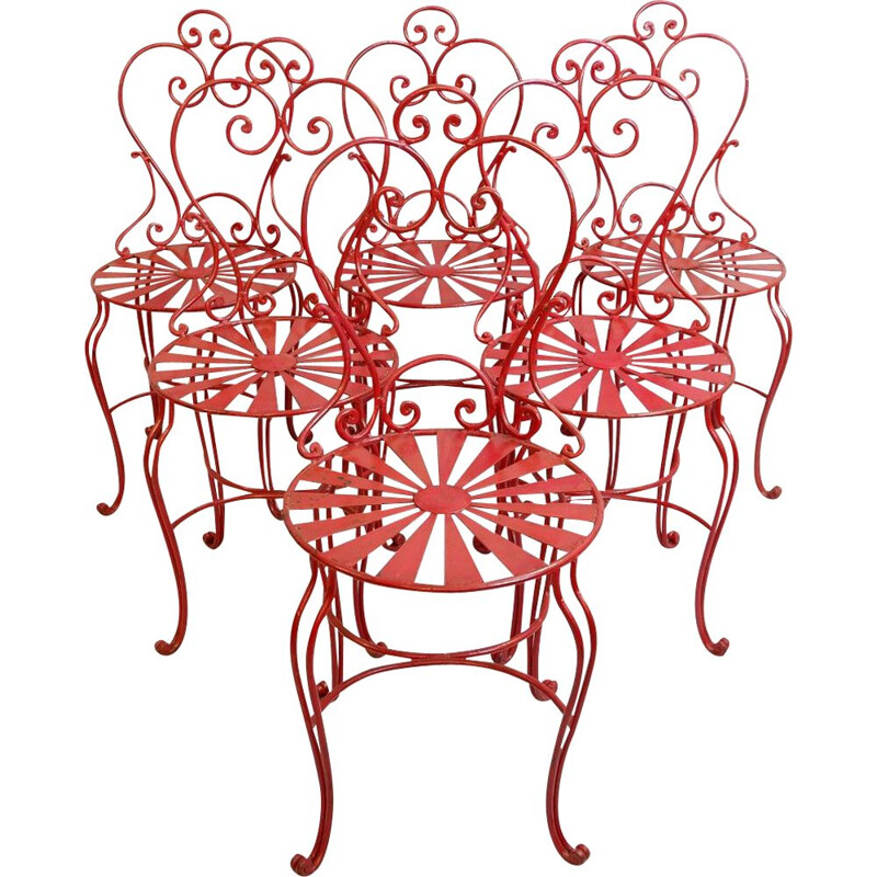  Lot de 6 chaises vintage en fer forgé rouge