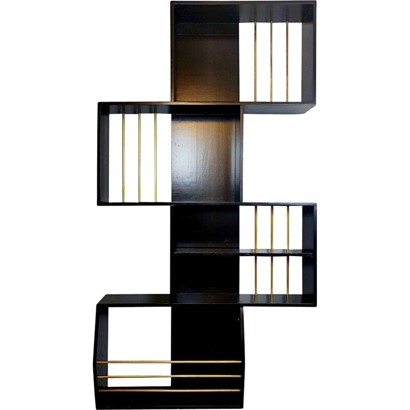 Vintage Italian graphic bookcase in black lacquered wood