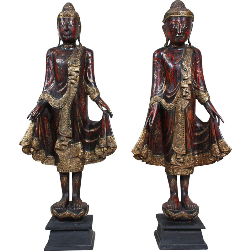 Paire de sculptures bouddhas Mandalay vintage