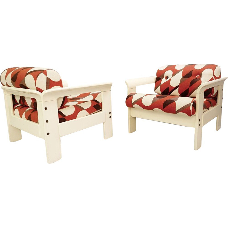 Pair of Silvano Passi vintage armchairs in cream lacquered wood 1970
