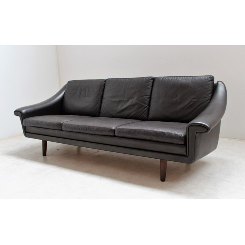 Large vintage dark brown Scandinavian leather sofa