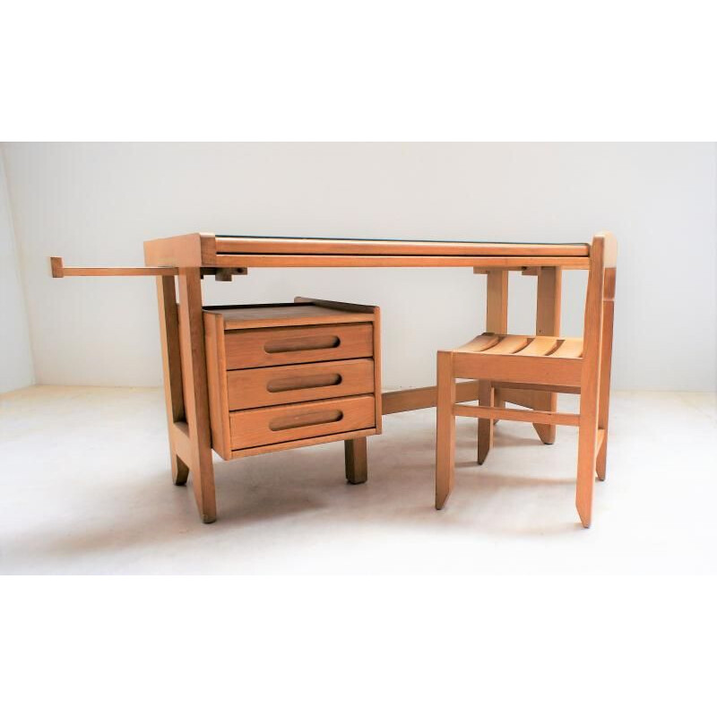 Vintage desk in light oak, Guillerme and Chambron