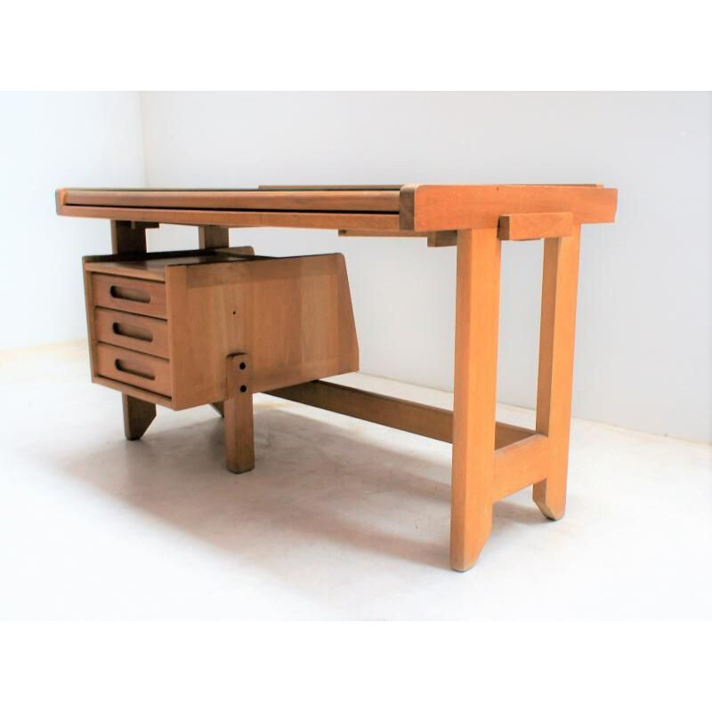 Vintage desk in light oak, Guillerme and Chambron