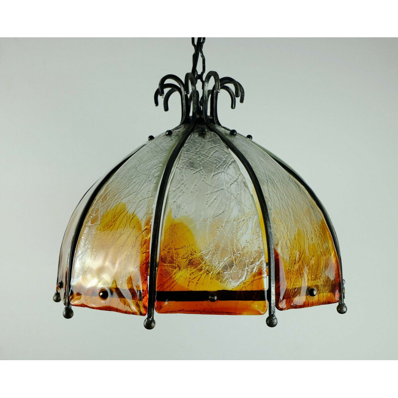 Mid century pendant lamp wrought iron and wonderful murano glass brutalist  1970s