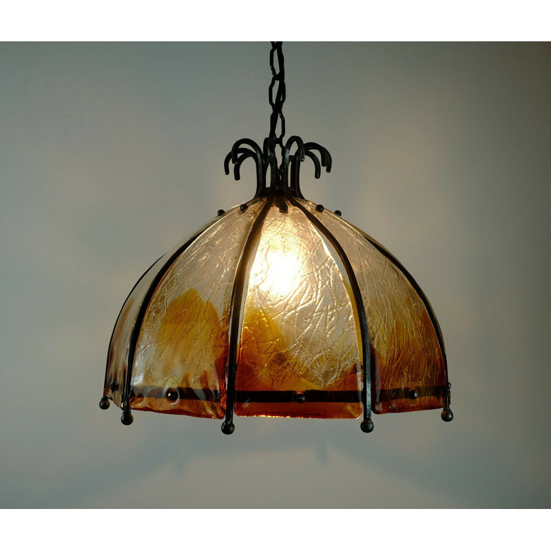 Mid century pendant lamp wrought iron and wonderful murano glass brutalist  1970s