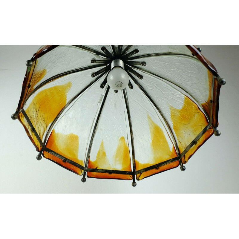 Mid century pendant lamp wrought iron and wonderful murano glass brutalist  1970s