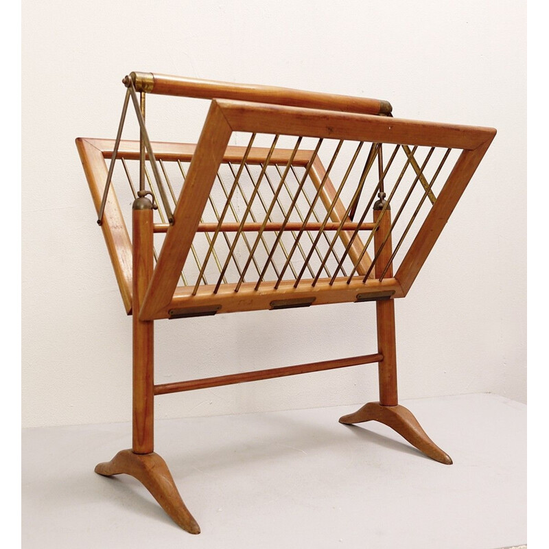 Vintage magazine rack in Wood and Brass by Cesare Lacca, 1950