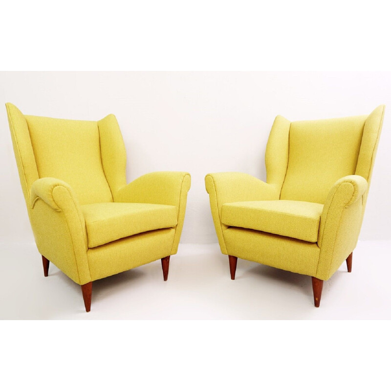 Pair of vintage high back armchairs by Gio Ponti 1950 new curry yellow upholstery