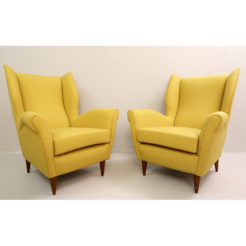 Pair of vintage high back armchairs by Gio Ponti 1950 new curry yellow upholstery