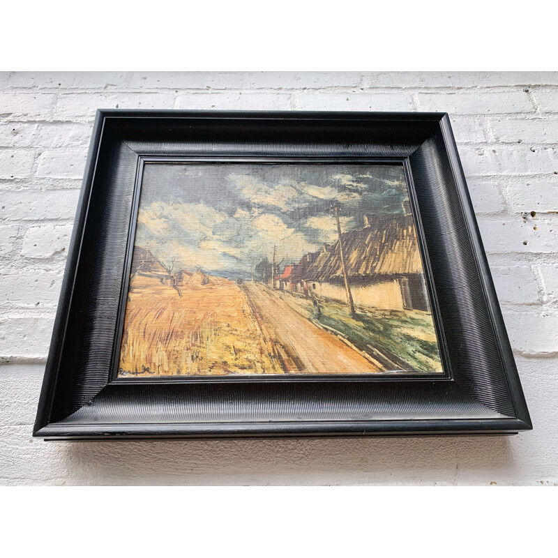 Vintage Oil Painting Landscape Black Frame 1950s