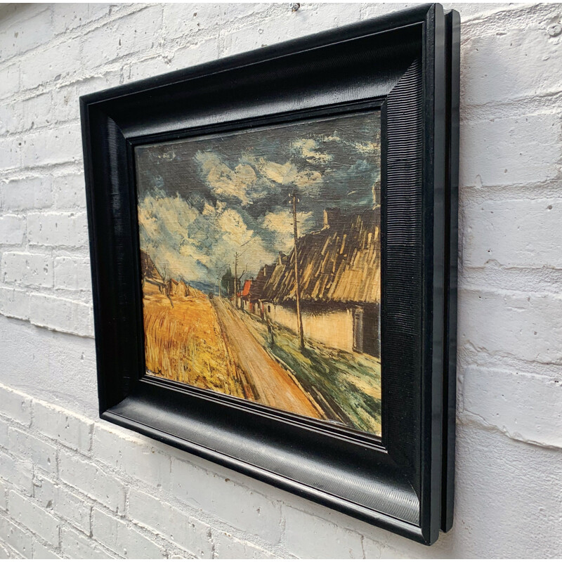 Vintage Oil Painting Landscape Black Frame 1950s