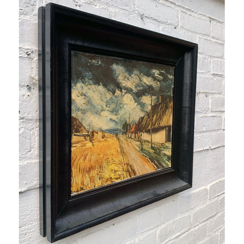 Peinture à l'huile vintage Paysage Cadre noir 1950