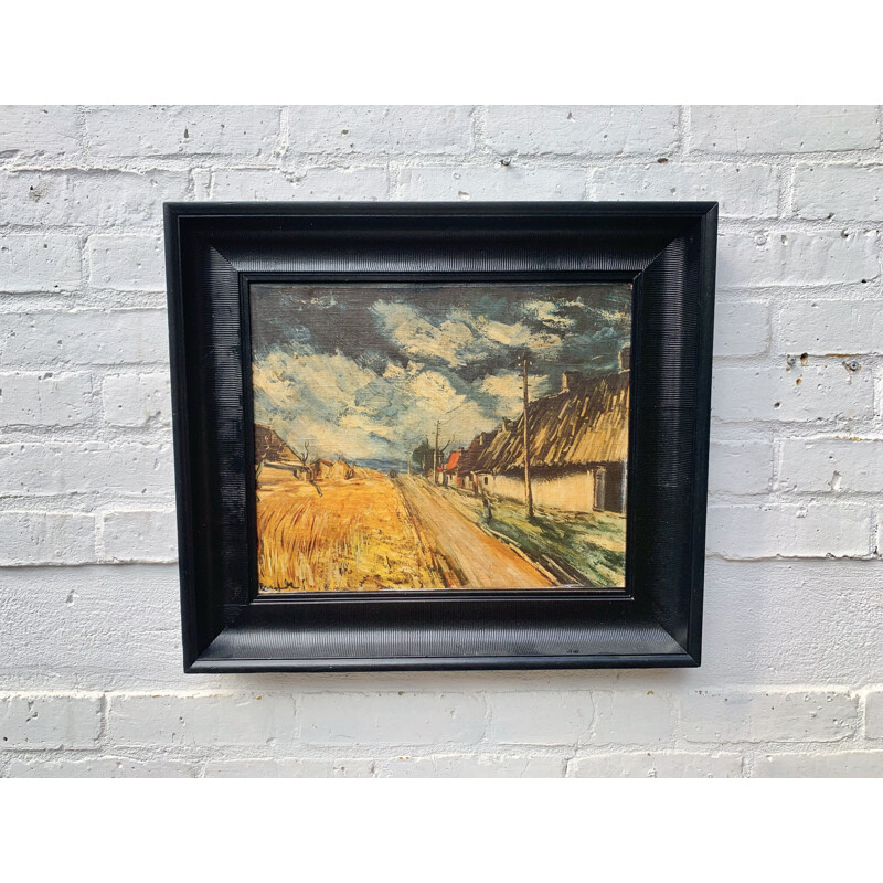 Vintage Oil Painting Landscape Black Frame 1950s