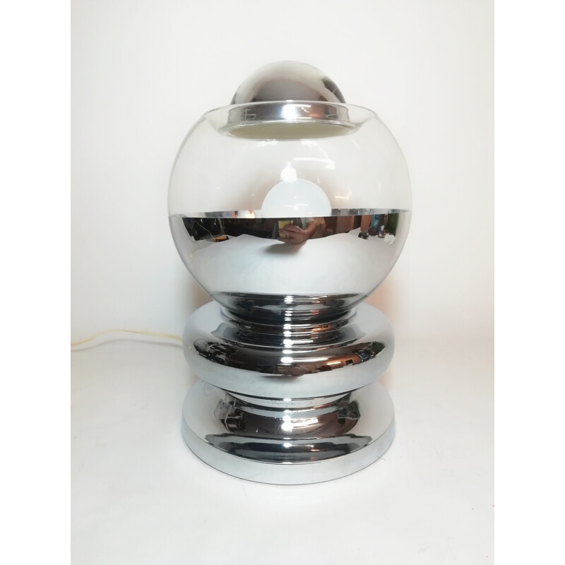 Space Age" vintage tafellamp in fijn glas en chromen metalen voet