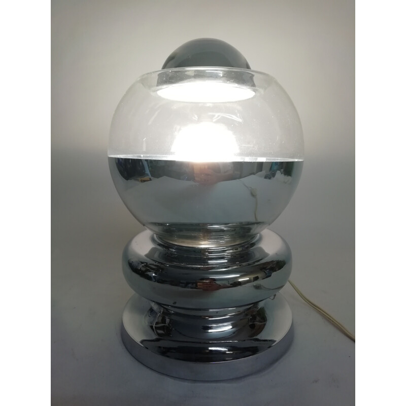 Lámpara de sobremesa vintage "Space Age" de cristal fino y base de metal cromado