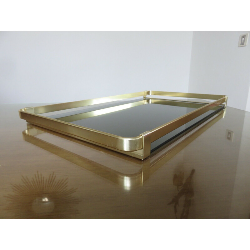 Vintage tray Roche Bobois golden aluminium and smoked glass 1970