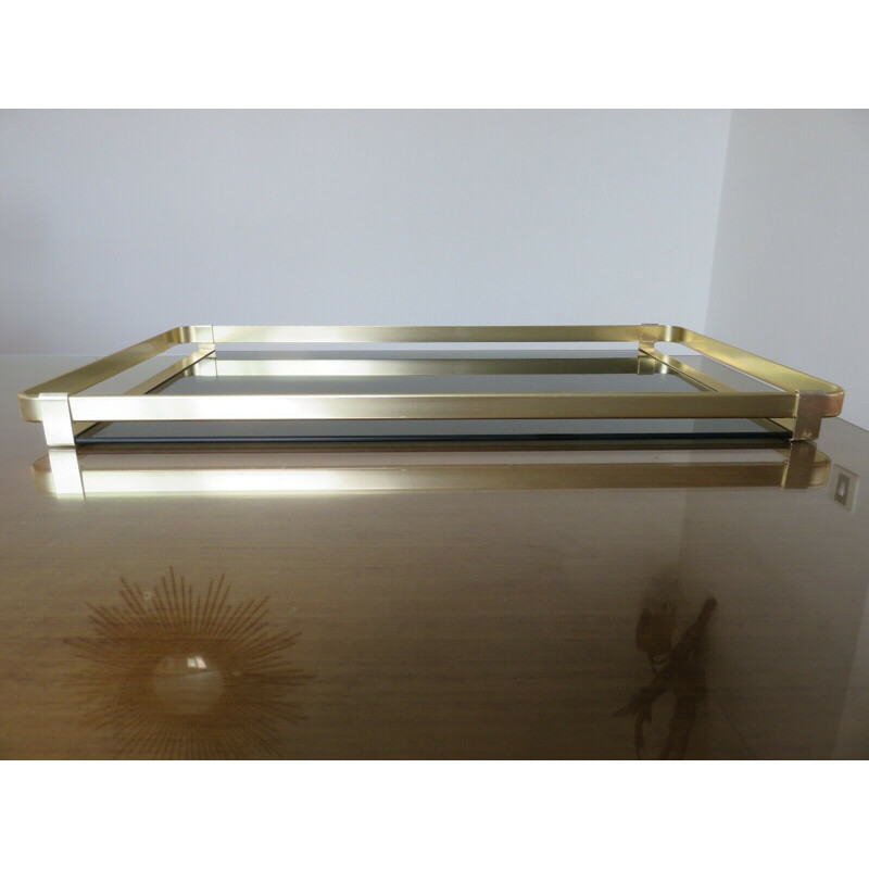 Vintage tray Roche Bobois golden aluminium and smoked glass 1970