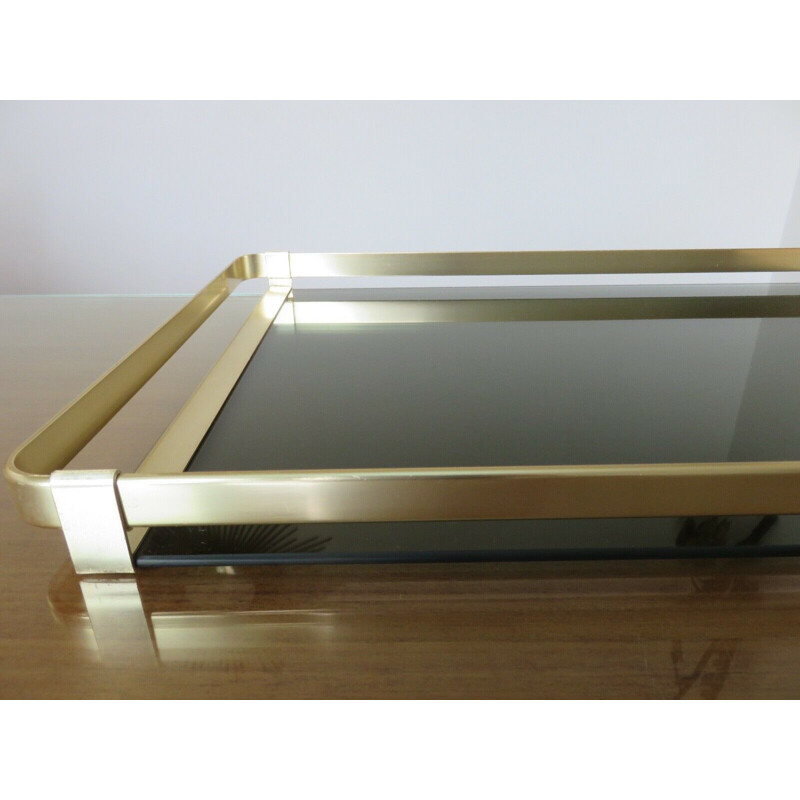 Vintage tray Roche Bobois golden aluminium and smoked glass 1970