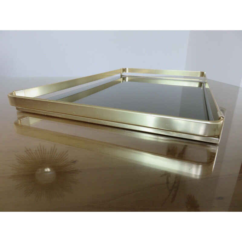 Vintage tray Roche Bobois golden aluminium and smoked glass 1970