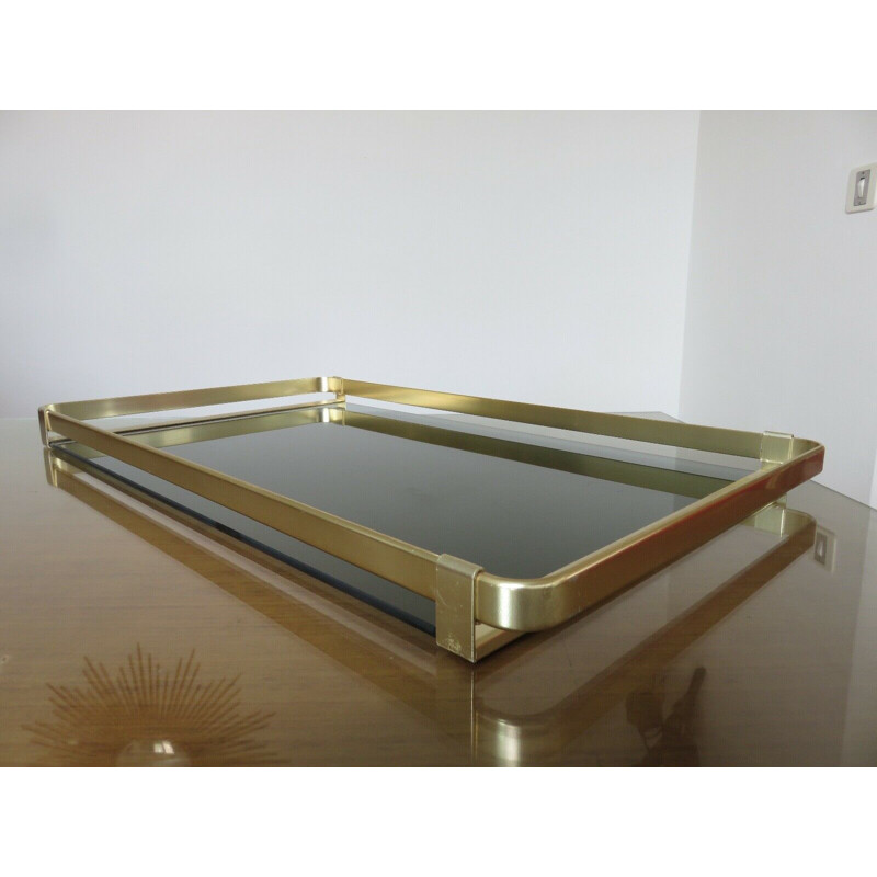 Vintage tray Roche Bobois golden aluminium and smoked glass 1970