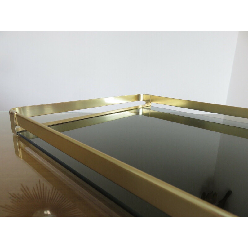 Vintage tray Roche Bobois golden aluminium and smoked glass 1970