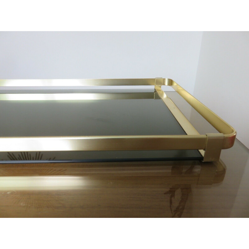 Vintage tray Roche Bobois golden aluminium and smoked glass 1970