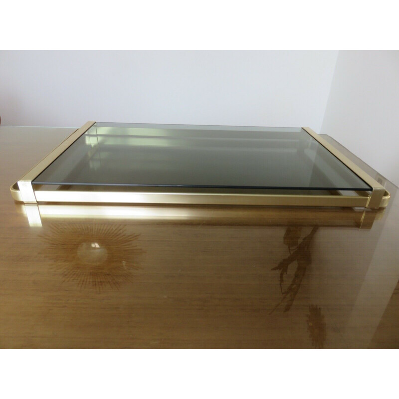 Vintage tray Roche Bobois golden aluminium and smoked glass 1970