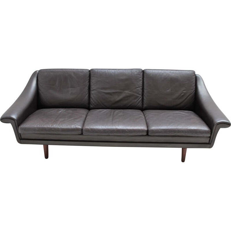 Large vintage dark brown Scandinavian leather sofa