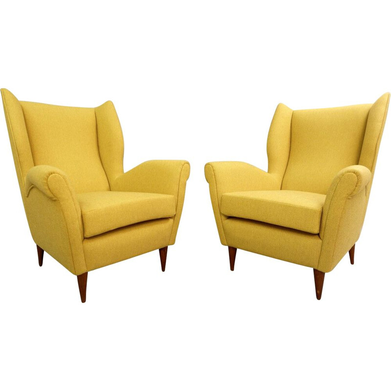 Pair of vintage high back armchairs by Gio Ponti 1950 new curry yellow upholstery