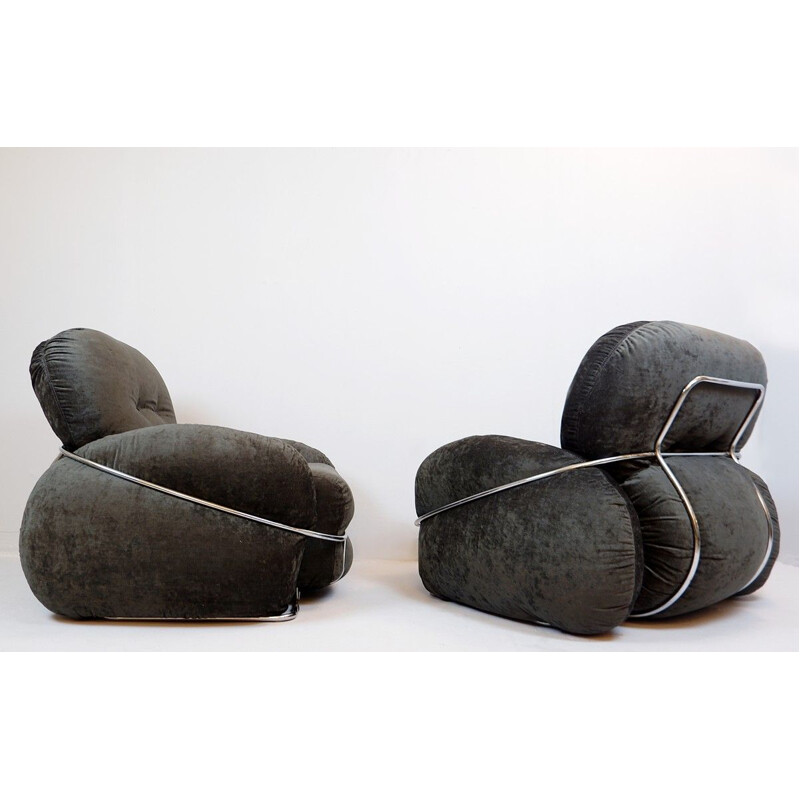 Paire de fauteuils vintage en velours et chrome gris foncé club italiens