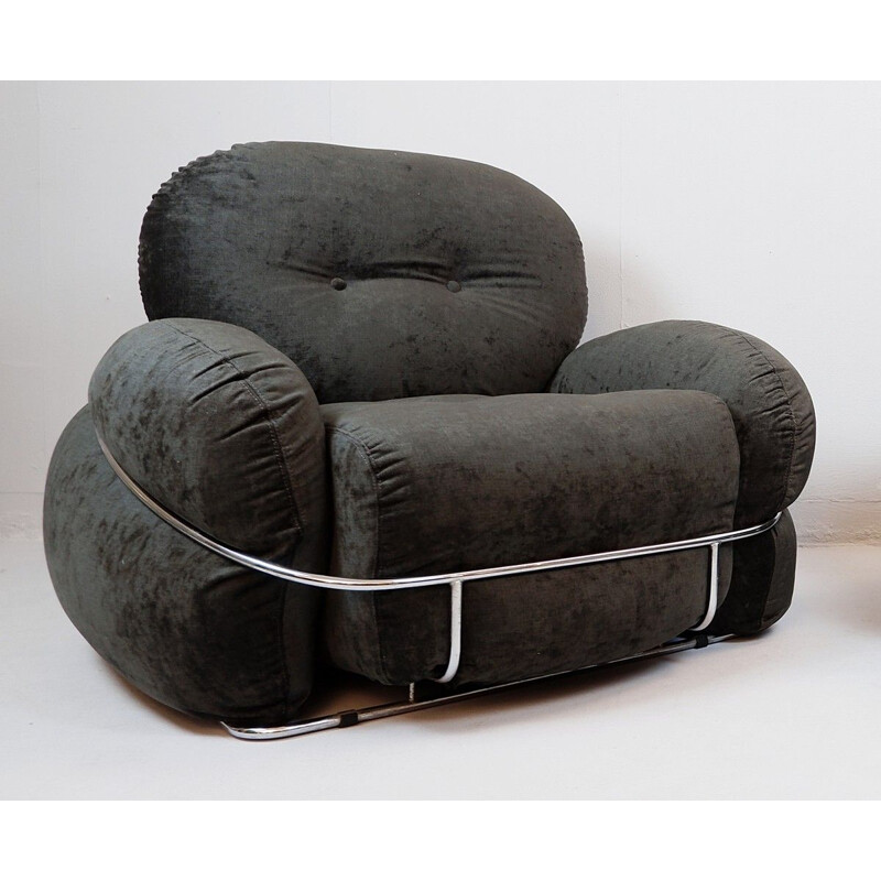 Pair of vintage Italian club velvet and dark grey chrome armchairs