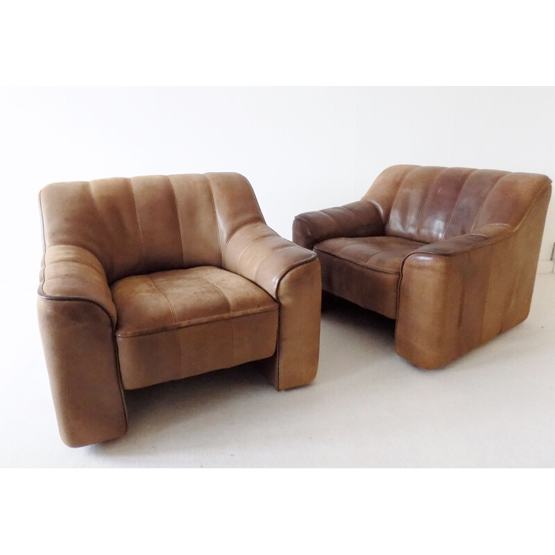 Paire de fauteuils Vintage DS44 en cuir brun De Sede 1965