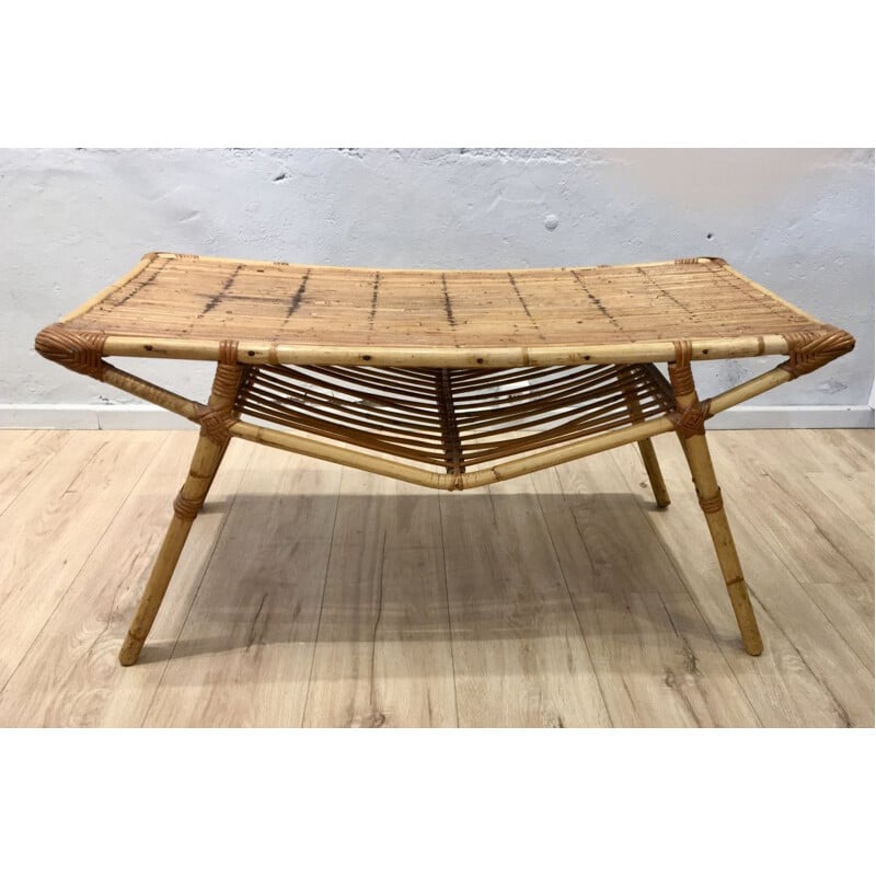 Vintage rectangular rattan coffee table 1950s