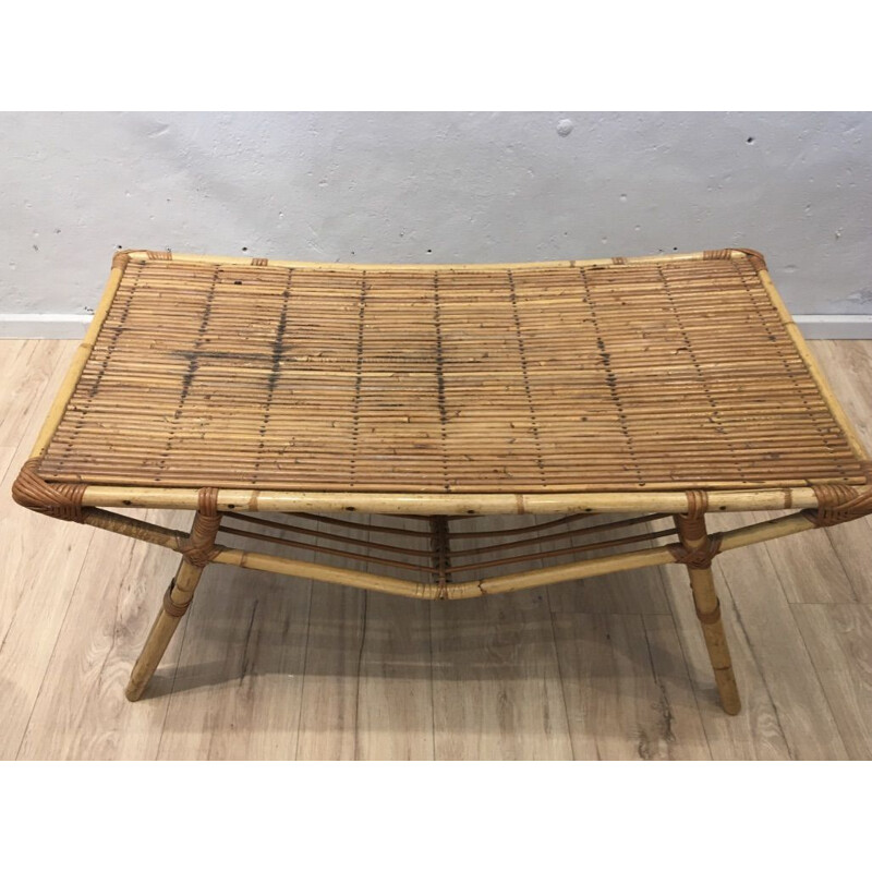 Vintage rectangular rattan coffee table 1950s