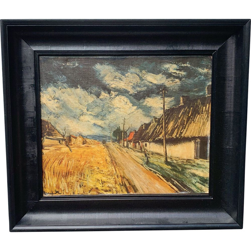 Peinture à l'huile vintage Paysage Cadre noir 1950