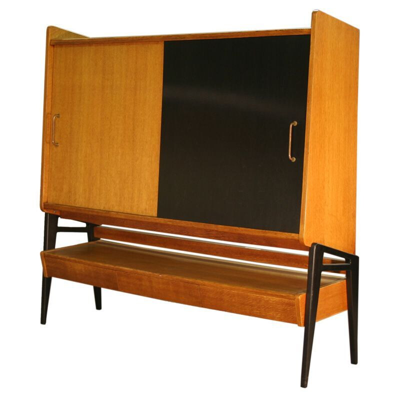 Vintage tall blond oak sideboard by Guermonprez for Magnani 1950s