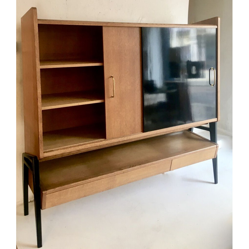 Vintage tall blond oak sideboard by Guermonprez for Magnani 1950s