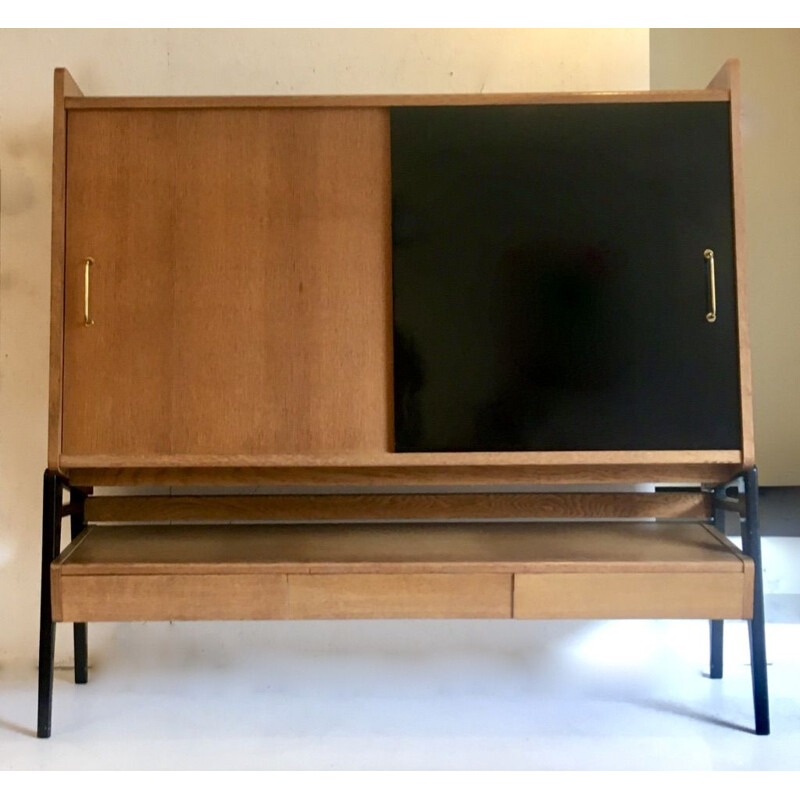 Vintage tall blond oak sideboard by Guermonprez for Magnani 1950s