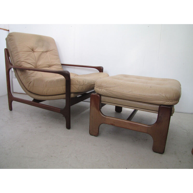 Vintage leather armchair attributed to Rastatt & relling with footstool 1960s