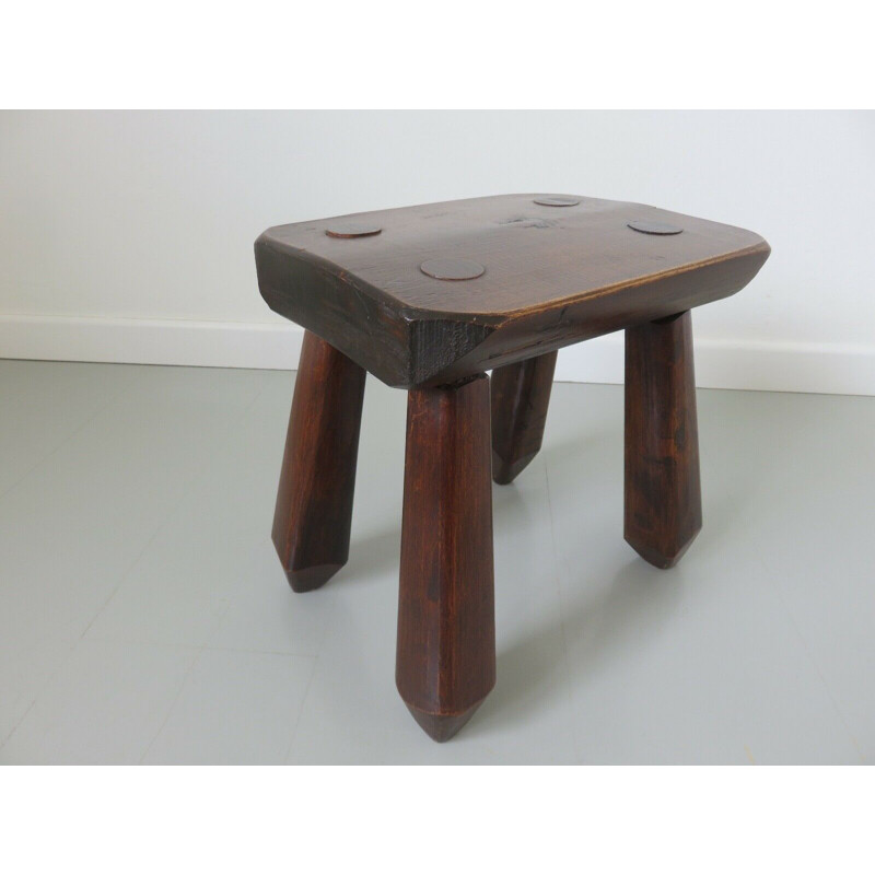 Tabouret de ferme vintage chêne massif pieds massue 1950