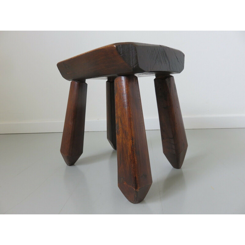 Tabouret de ferme vintage chêne massif pieds massue 1950