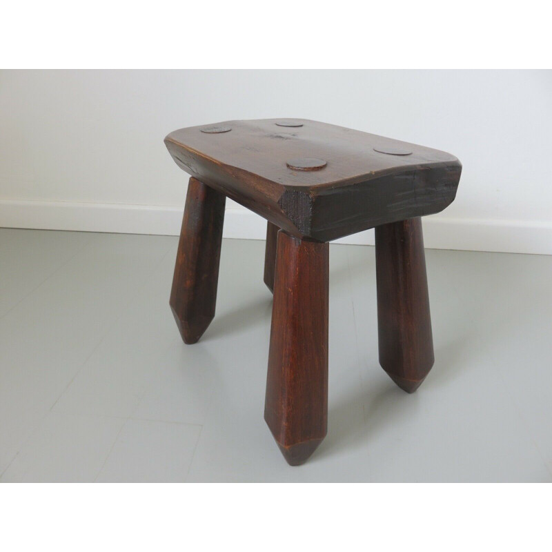 Tabouret de ferme vintage chêne massif pieds massue 1950