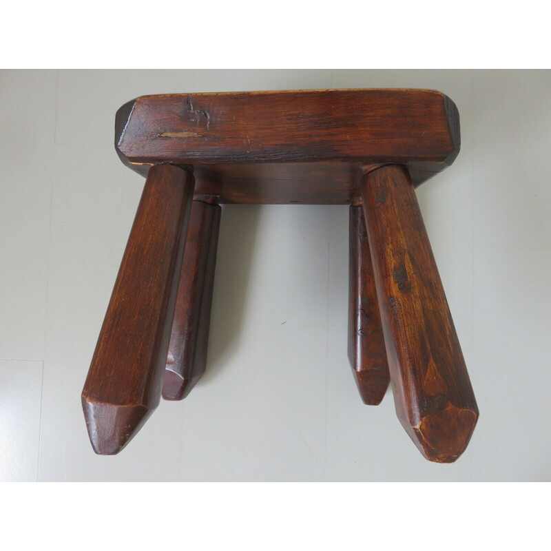 Tabouret de ferme vintage chêne massif pieds massue 1950