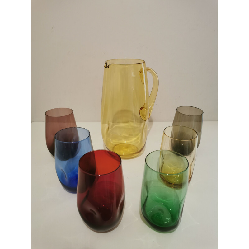 Vintage orangeade set multicoloured blown glass 1960s