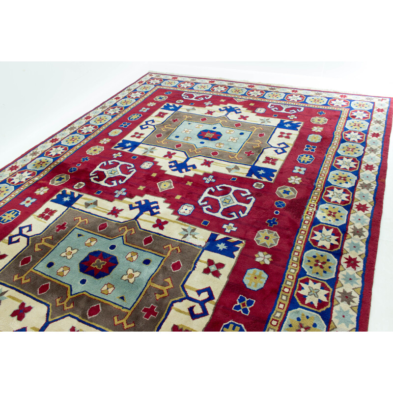 Tapis kazak vintage noué à la main motifs géométriques, 1960