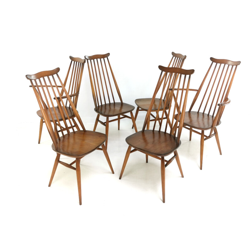 Lot de 6 chaises vintage d'orfèvre Ercol Elm & Beech