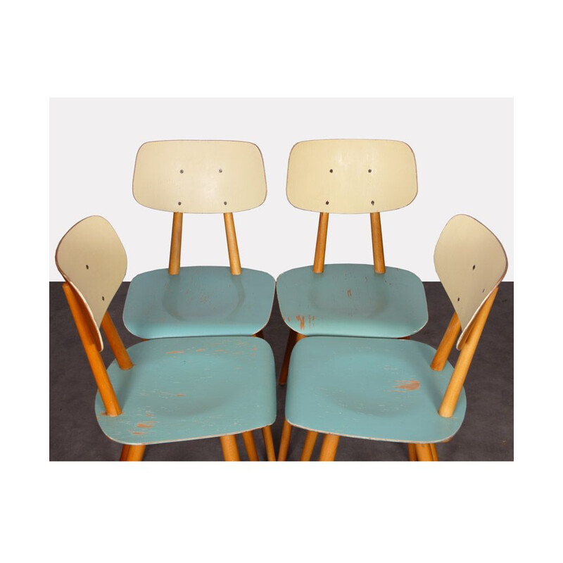 Set of 4 vintage blue chairs with cream backrest by Ton Czech Republic 1960