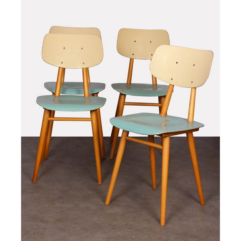 Set of 4 vintage blue chairs with cream backrest by Ton Czech Republic 1960
