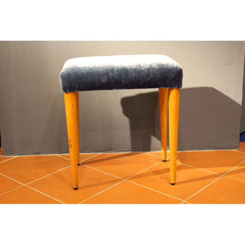 Vintage Blue Velvet Wood Bench Italy 1950